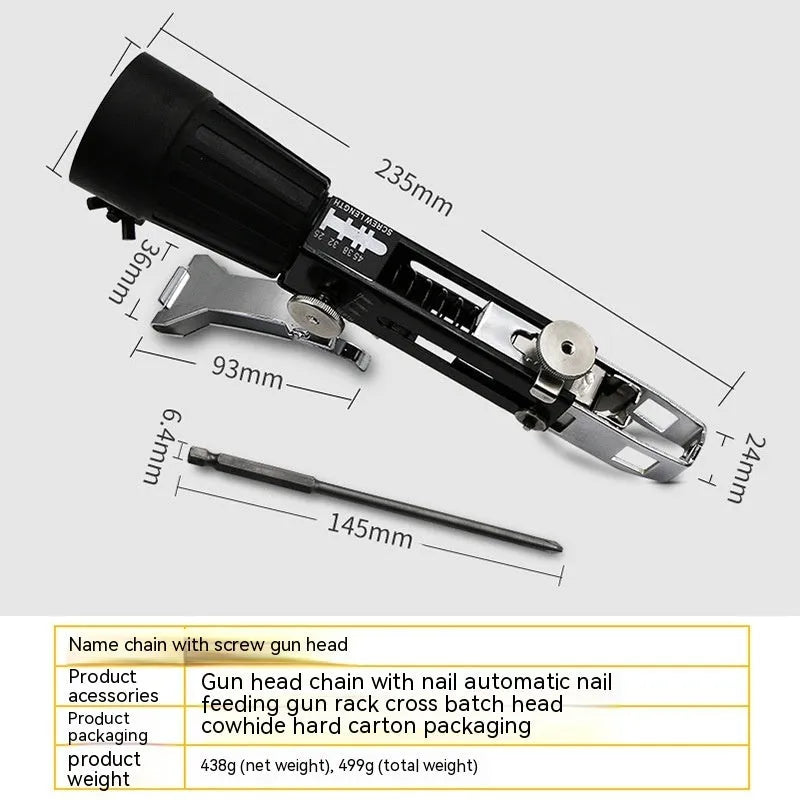 Chain screw gun head accessory for electric screwdriver nail gun conversion