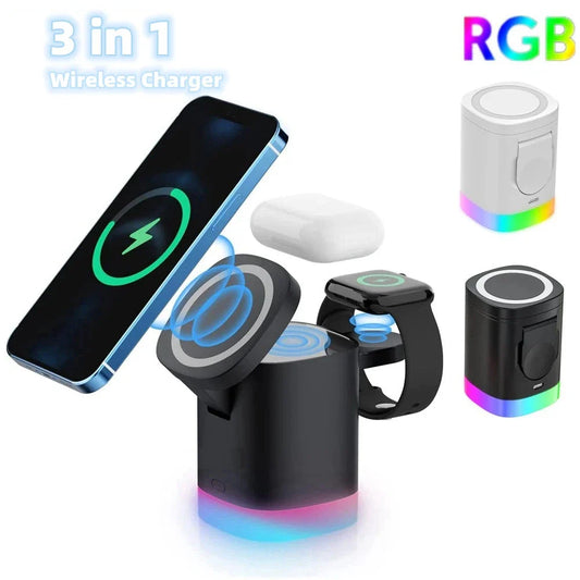 3-in-1 wireless charging station with magnetic functionality and smart lighting for smartphones, smartwatches, and earbuds