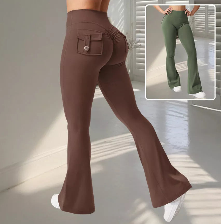 Women's high waist yoga flared pants with pockets and scrunch butt detail in black, brown, and green