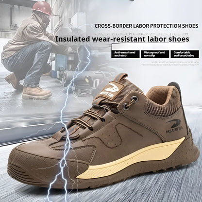 Flyknit work safety shoes with leather upper and rubber sole in multiple colour options
