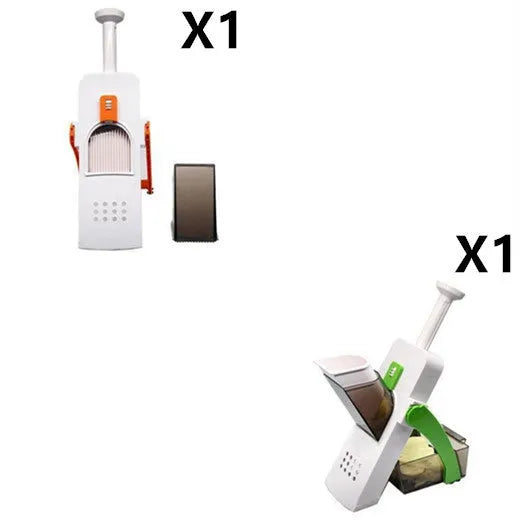 Orange multifunctional vegetable cutter kitchen tool with mandoline blades on a countertop.