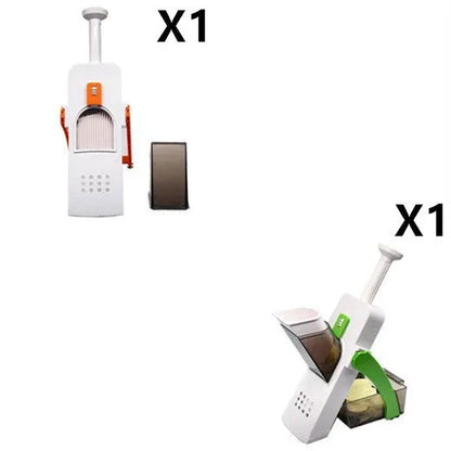 Orange multifunctional vegetable cutter kitchen tool with mandoline blades on a countertop.