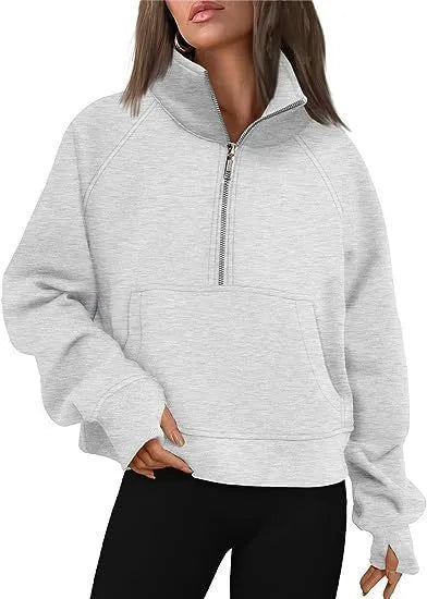Women's loose lapel fleece-lined sweater in a solid colour with raglan long sleeves.
