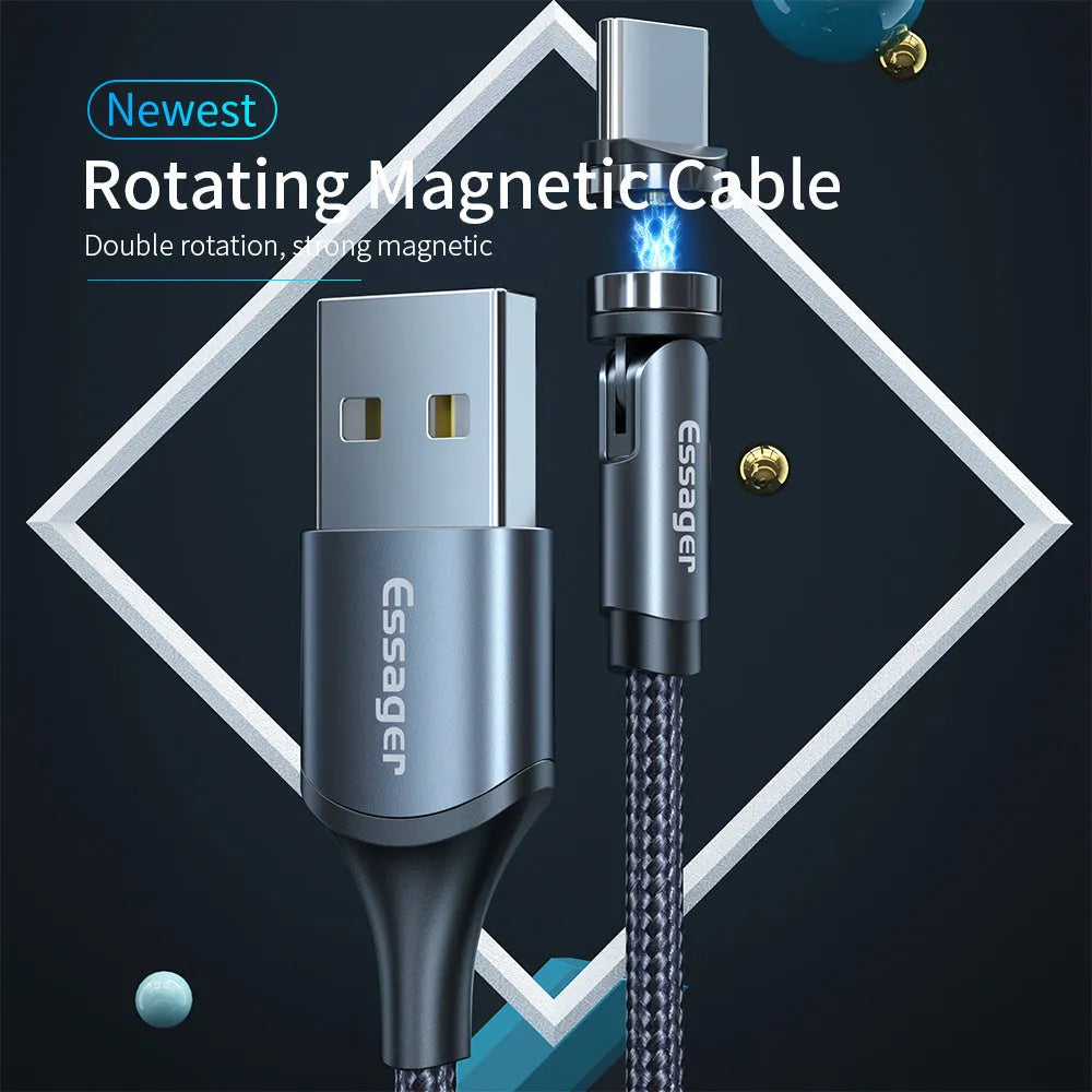 Essager black magnetic USB charging cable with 540-degree rotating connector showing LED light and nylon braiding