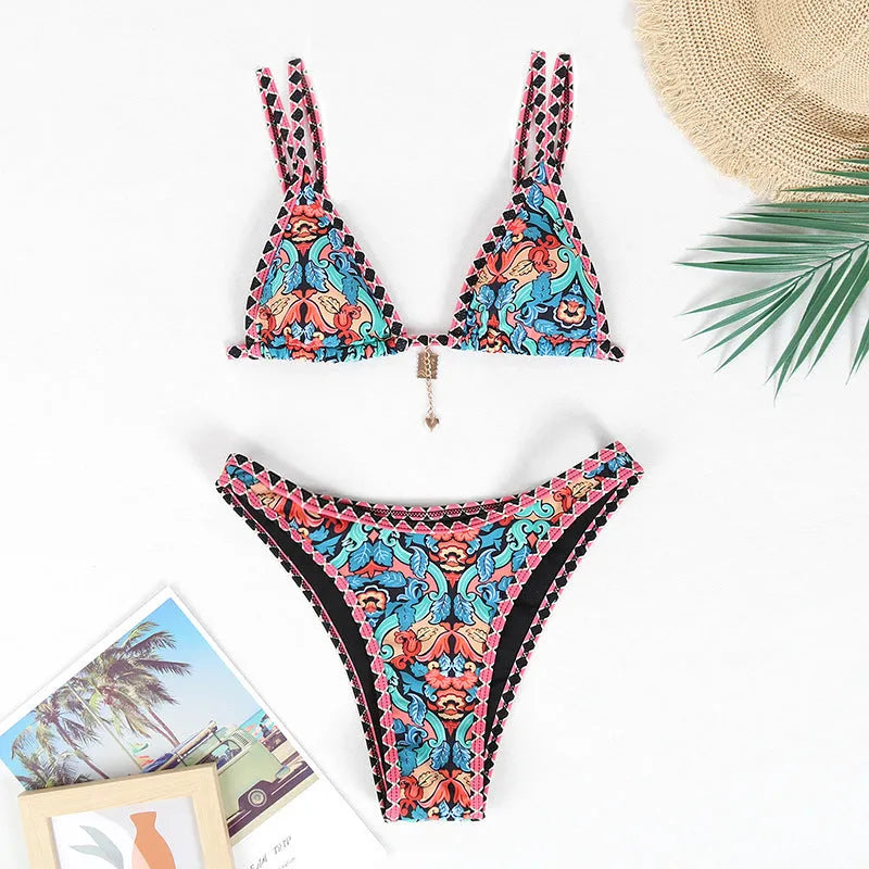 Retro 4-colour printed women's bikini swimwear set with European-American pattern style