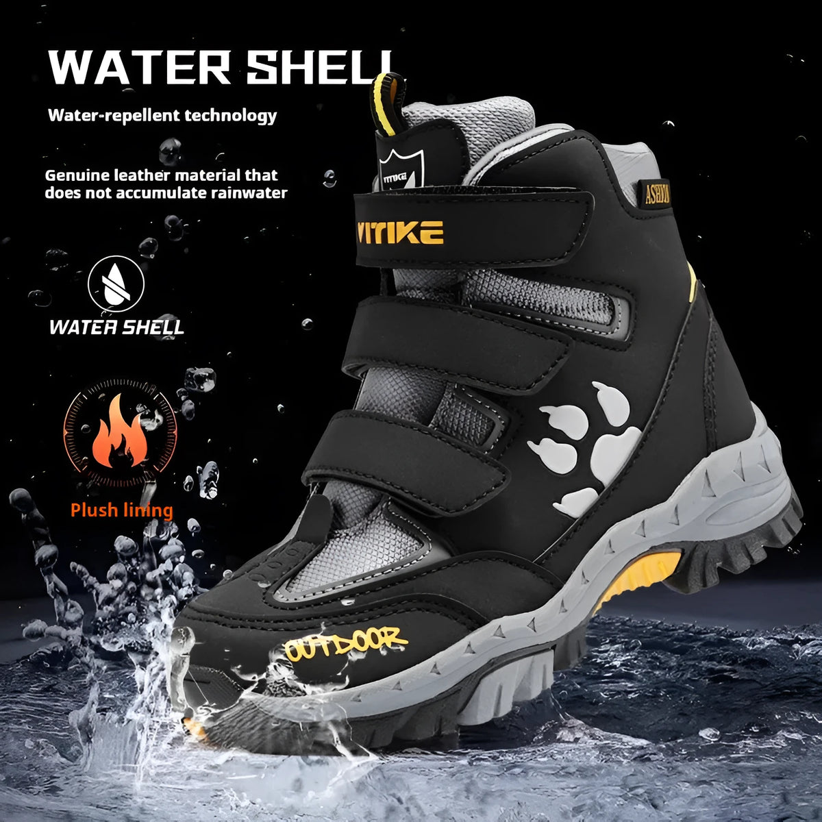 Winter anti-slip snow boots for older children, cow suede nubuck upper, Velcro strap, army green colour