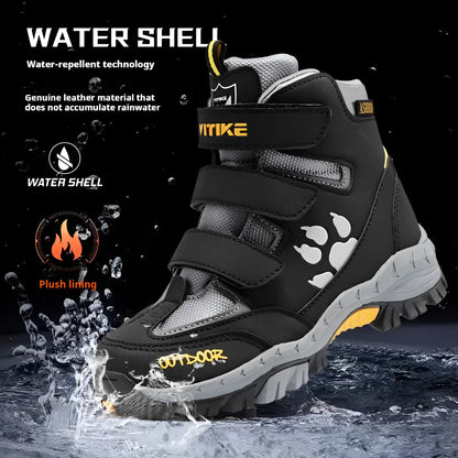 Winter anti-slip snow boots for older children, cow suede nubuck upper, Velcro strap, army green colour