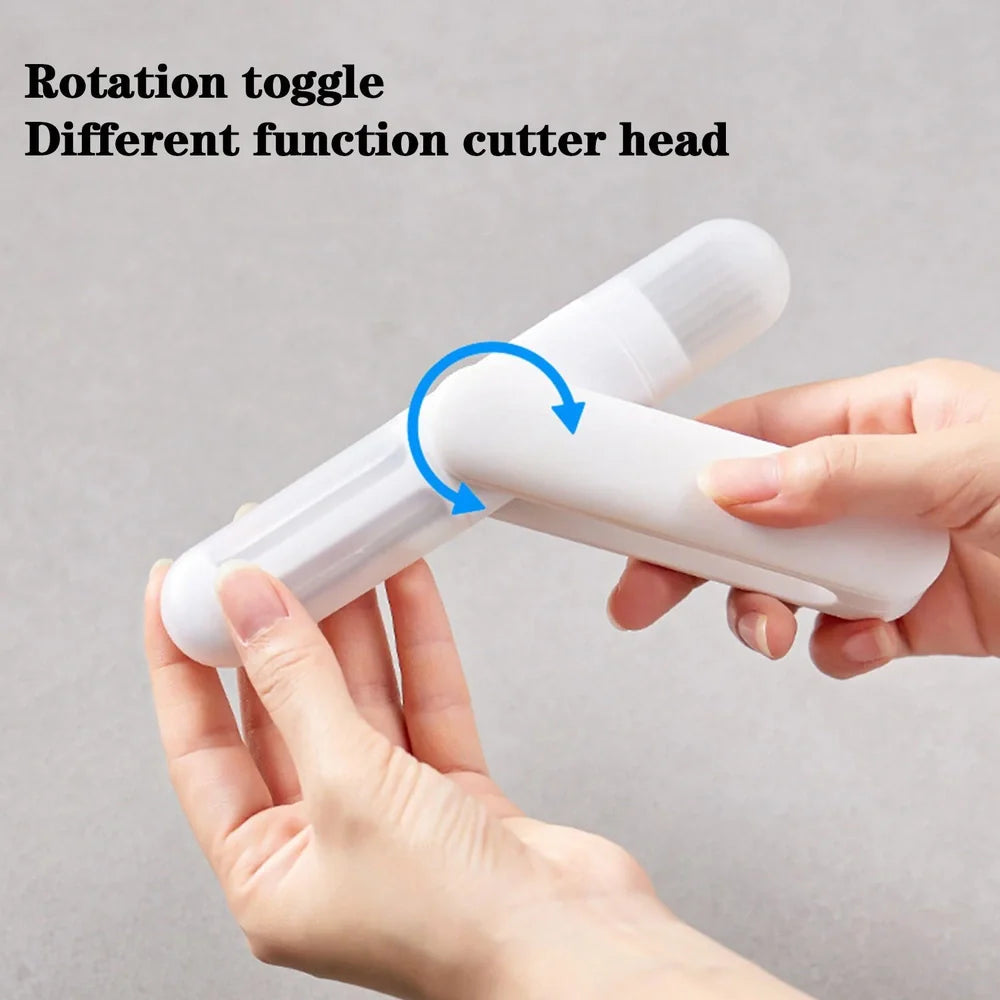 White 3-in-1 rotary paring knife with rotating blades and integrated sharpener for kitchen use