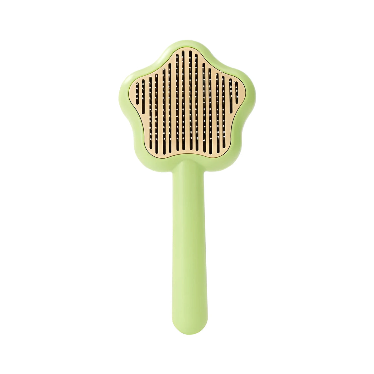Green and yellow stainless steel self-cleaning cat comb for de-shedding, measuring 20cm.