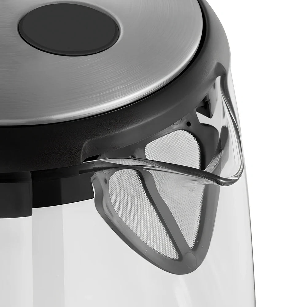 1.7L borosilicate glass electric kettle with 1800W heating, scale window, and push-button lid, dimensions 25.8x20x15cm