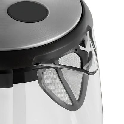 1.7L borosilicate glass electric kettle with 1800W heating, scale window, and push-button lid, dimensions 25.8x20x15cm