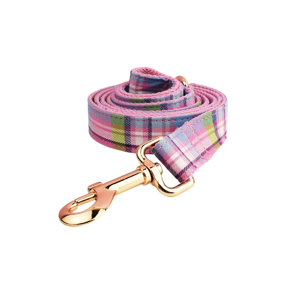 Four-piece dog accessory set showing cloth collar, leash, vest, and bow in coordinated colours