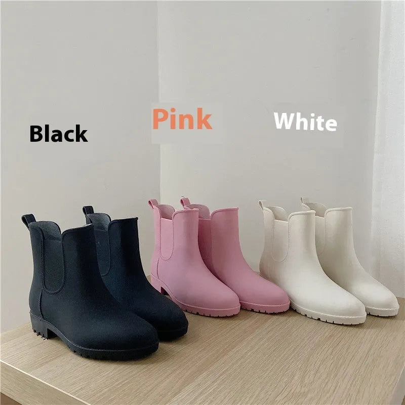 Pair of short casual PVC rain boots with non-slip sole and 3-5cm mid heel, shown in pink, milky white, and black