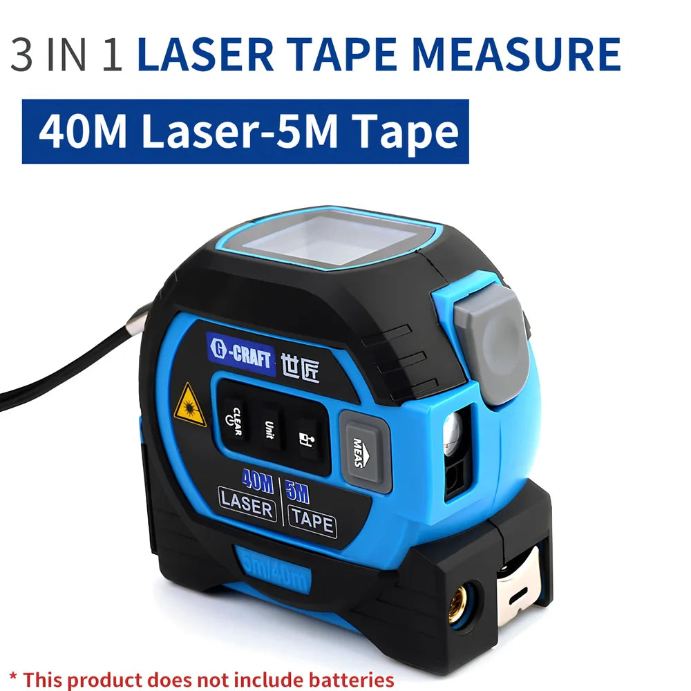 Blue and yellow laser tape measure showing laser cross projection and extended 5m steel tape