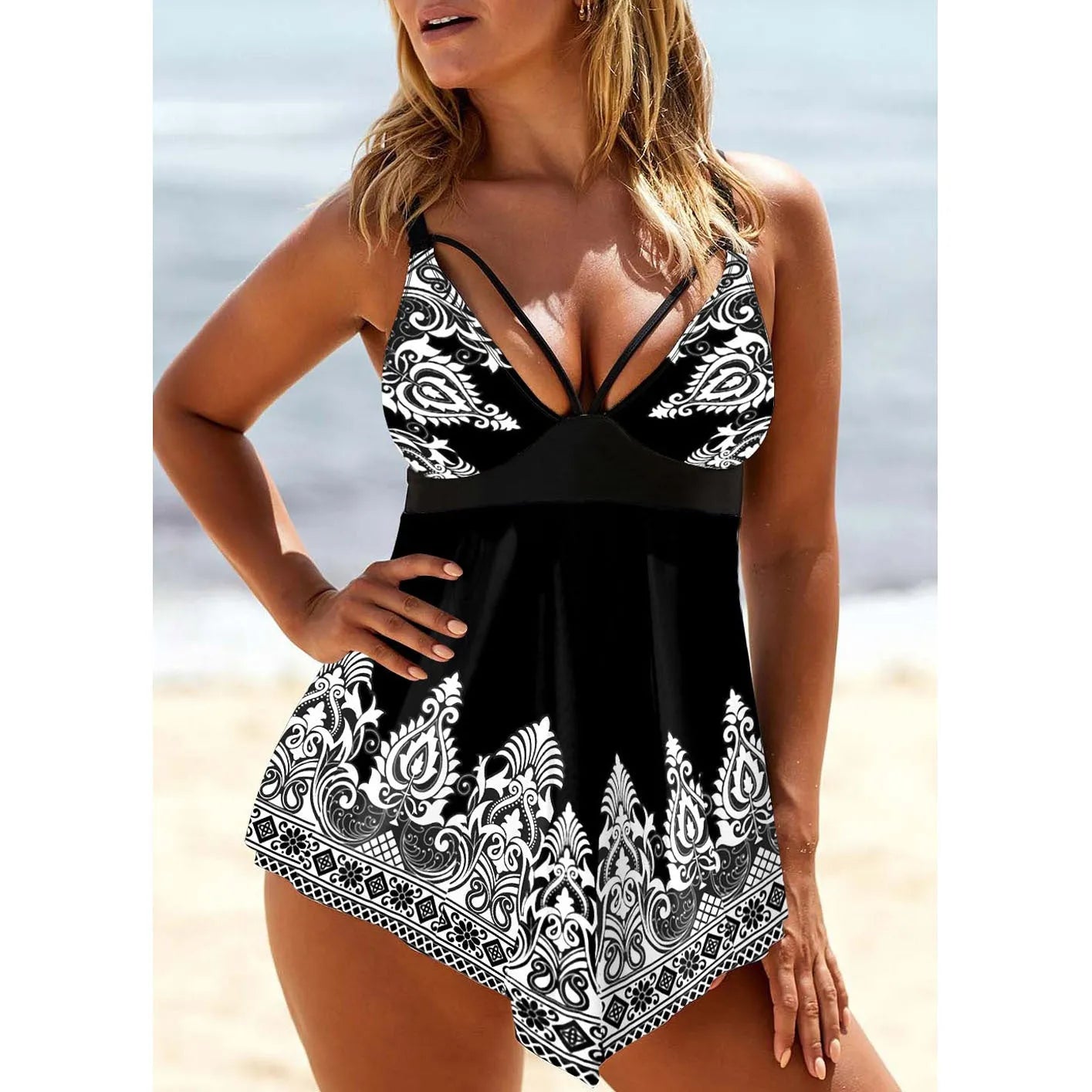 Women's printed strap deep V plus size skirt swimsuit in gradient pattern with backless design