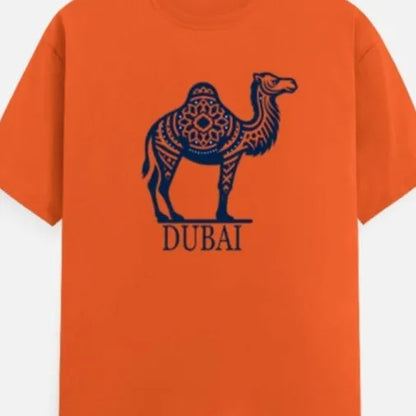 Orange cotton short sleeve t-shirt with round neck and straight cut pullover styling