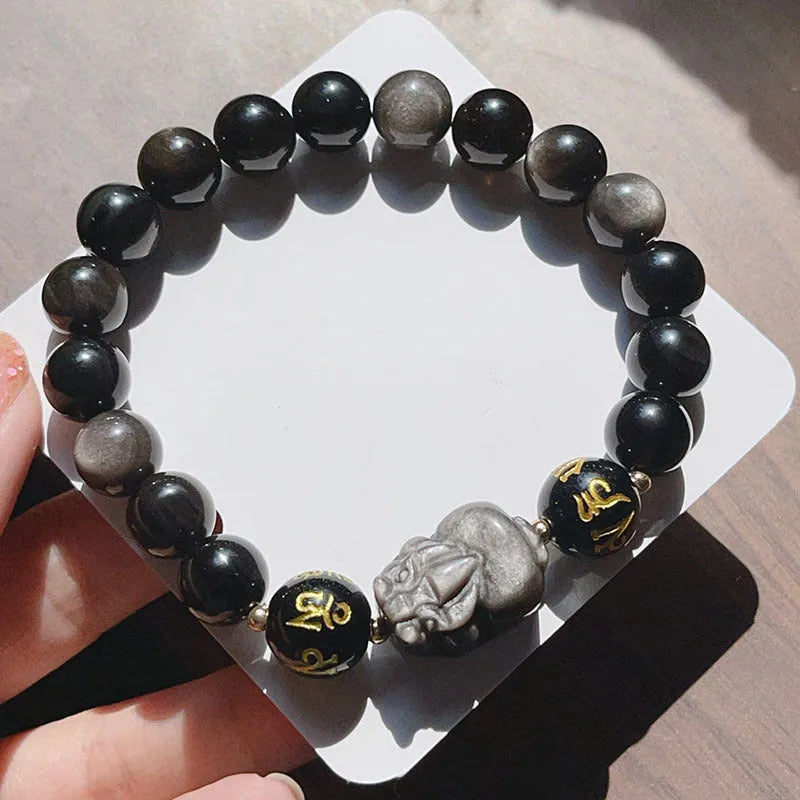 Silver Stone men's bracelet with Chinese style design and zodiac proverbs engraving