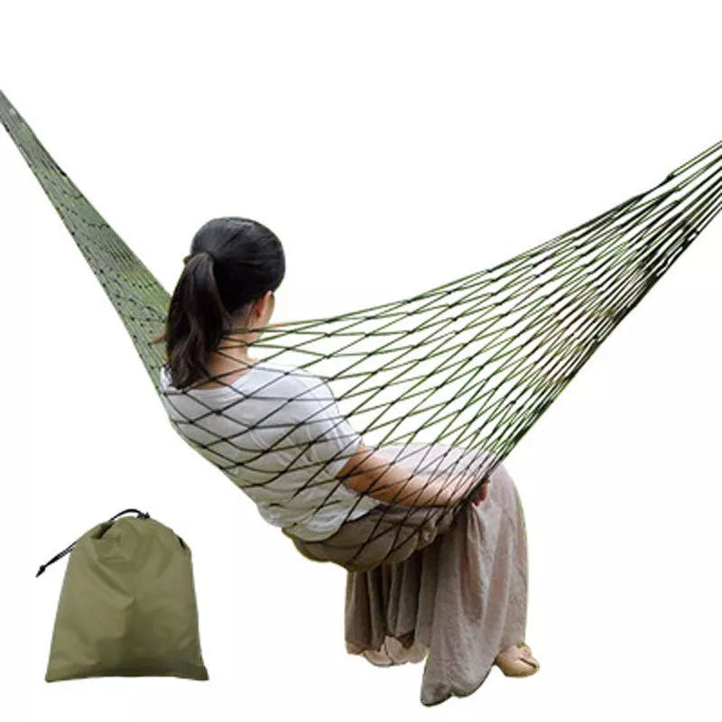 Bold Nylon Rope Net Hammock in green or blue, perfect for indoor and outdoor relaxation
