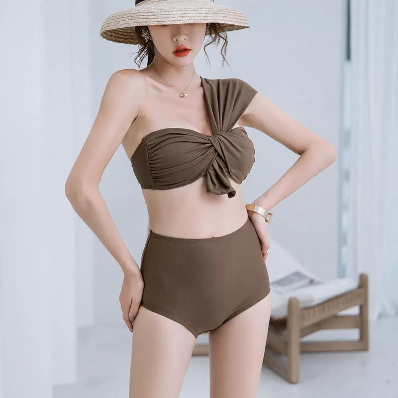 Women's one-shoulder high waist bikini in solid colours with quick-dry fabric