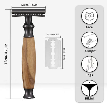 Men's traditional copper manual shaving razor with olive wood handle and aluminium alloy razor holder