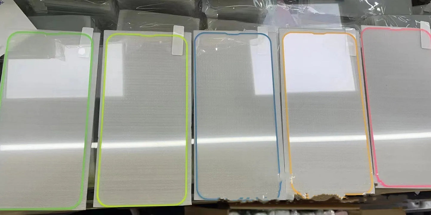 Fluorescent tempered glass screen protector for iPhone with luminous glow in pink, yellow, green, blue, and grass green colours