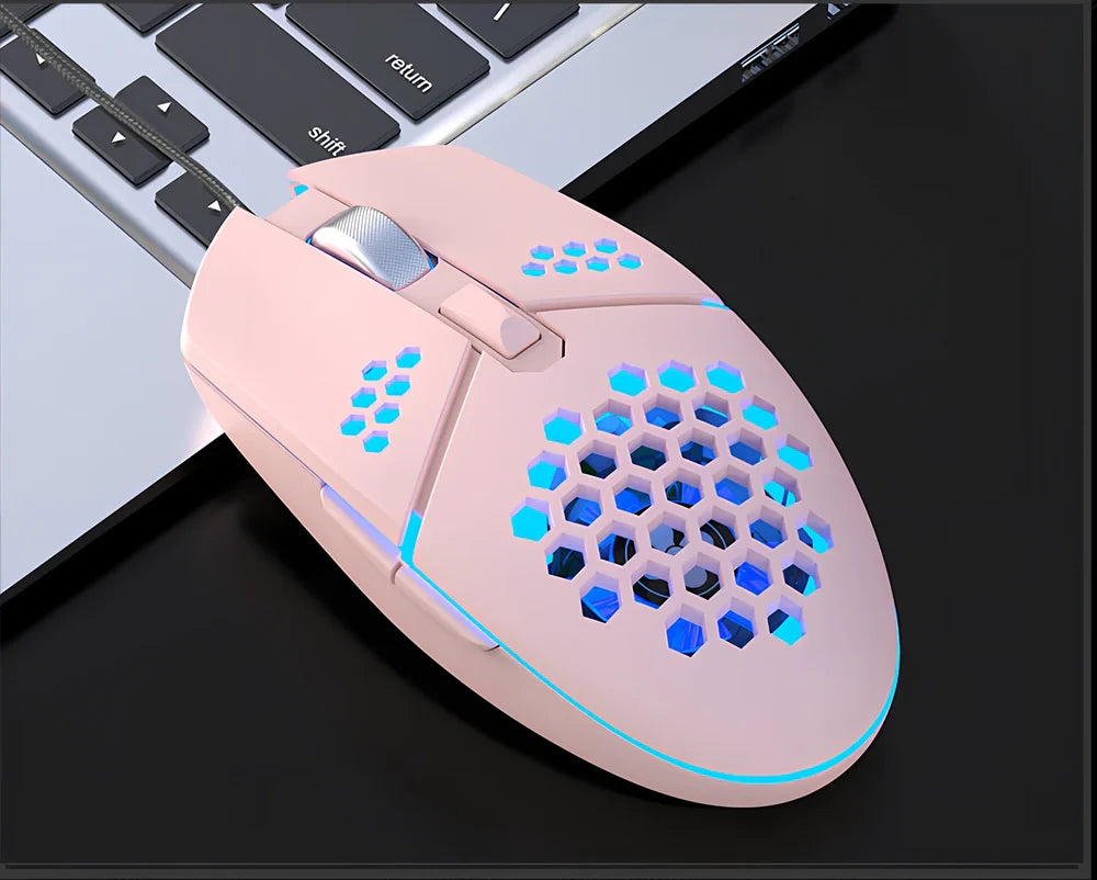 Black wired optical gaming mouse with cooling fan holes and ergonomic rat-sized design for desktop use