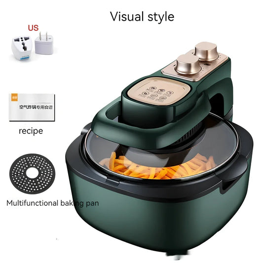 Green 6L air fryer with touch controls, 335x325x295mm dimensions, 1500W power for family cooking