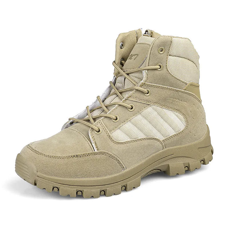 Men's black and camouflage high-top hiking shoes with metal details on artificial PU upper.