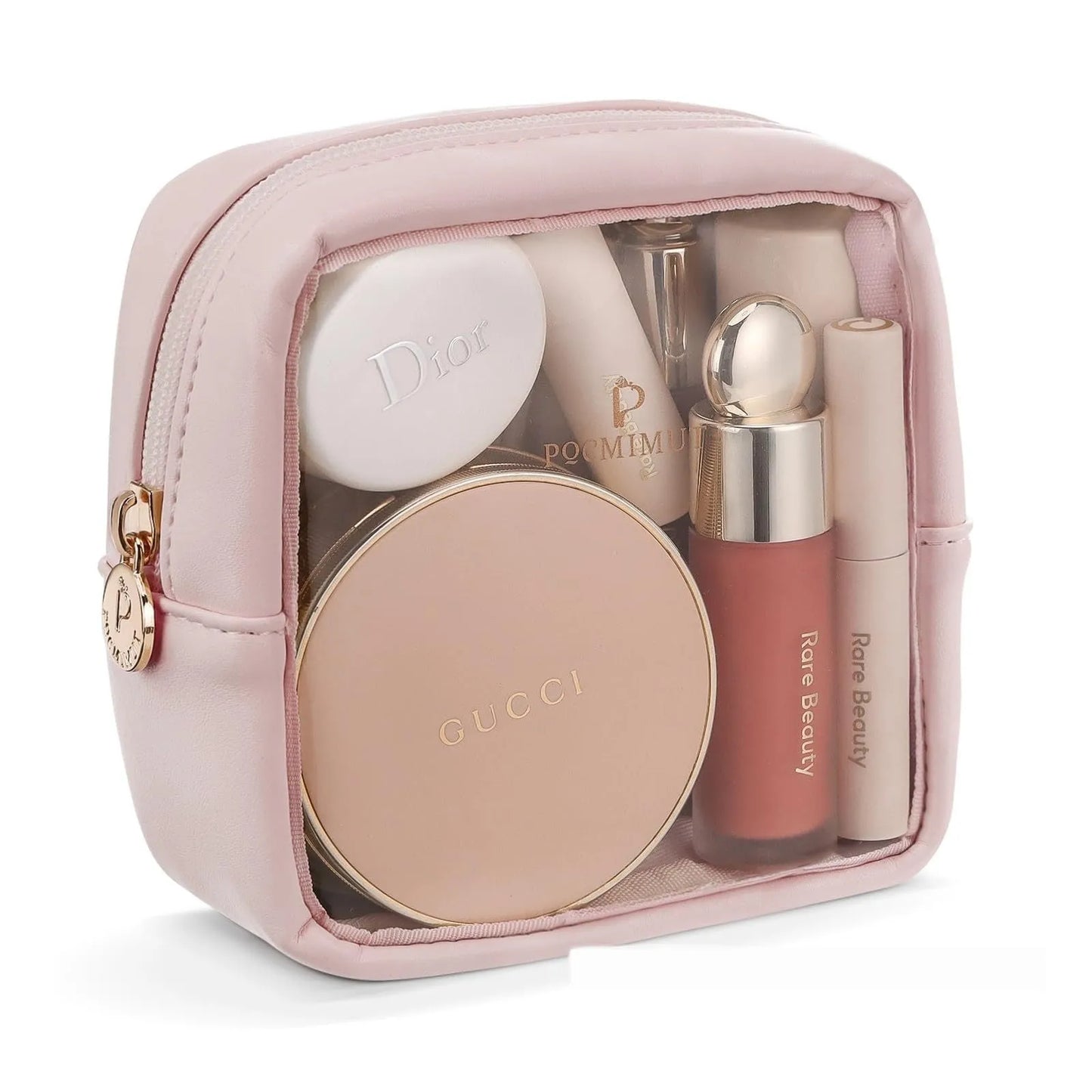 Transparent PVC leather cosmetic bag showing interior organisation with dry wet separation