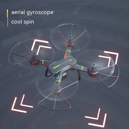 Blue remote control drone with four propellers and protective frame for aerial photography