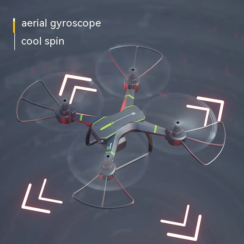 Remote control drone toy for aerial photography with HD camera, blue or green English version colours, 27.5cm x 27.5cm x 10cm size, featuring 360° stunt rolls, surround mode, and beginner training, flight time of 10 minutes from a 3.7V 1800mAh battery.