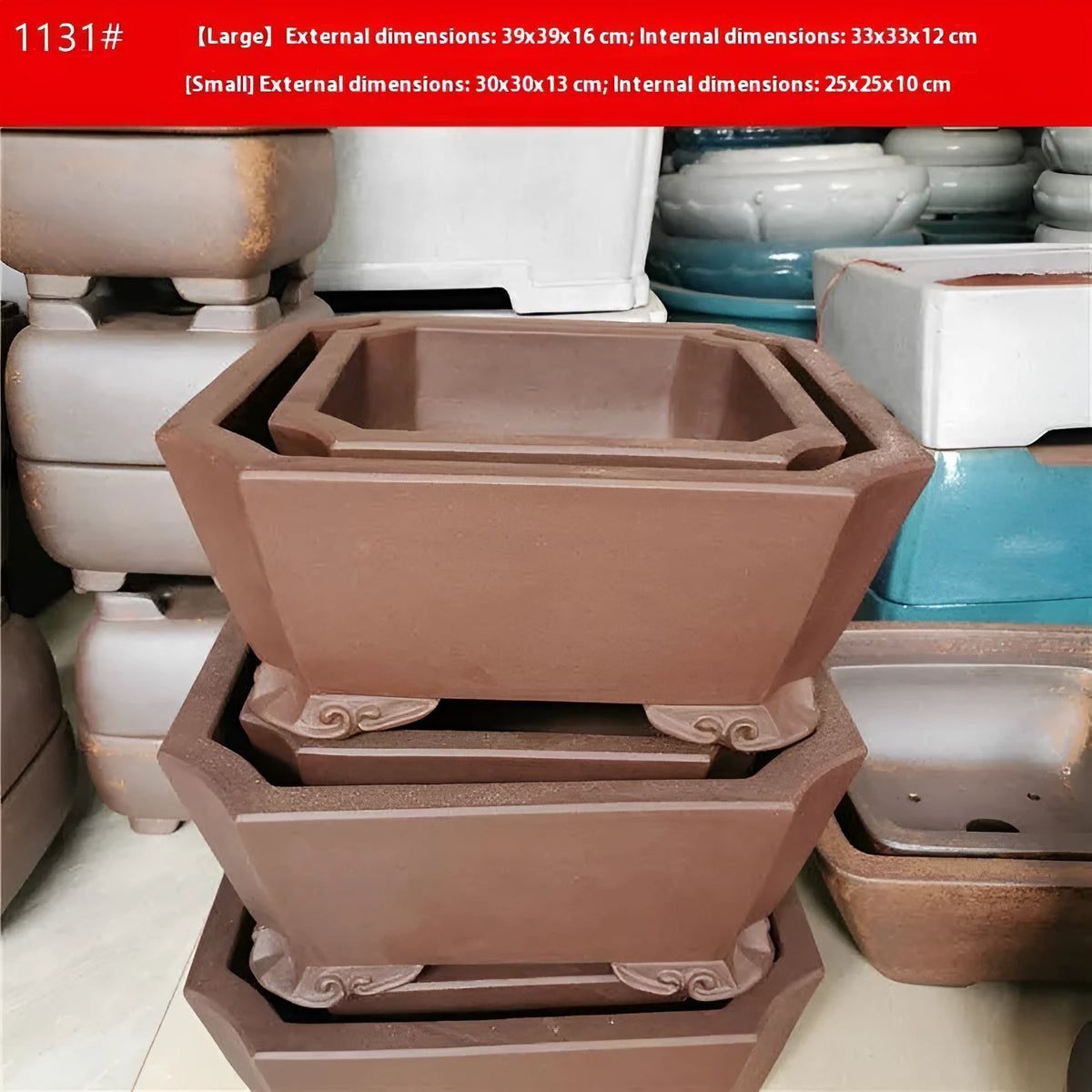 40cm square purple clay bonsai pot in brown, tree stump design, shown with plants on a tabletop