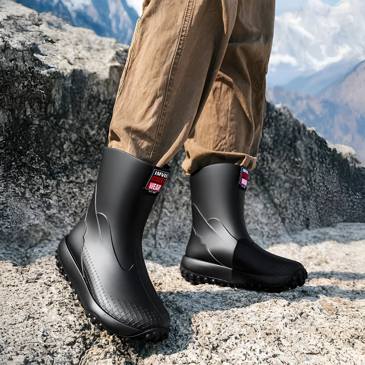 Men's PVC rain boots in beige, brown, black, and black red with plastic soles