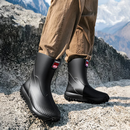 Men's PVC rain boots in beige, brown, black, and black red with plastic soles
