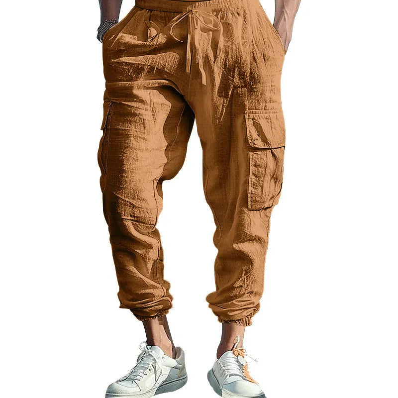 Men's linen casual trousers with adjustable ankle ties and four pockets in khaki colour