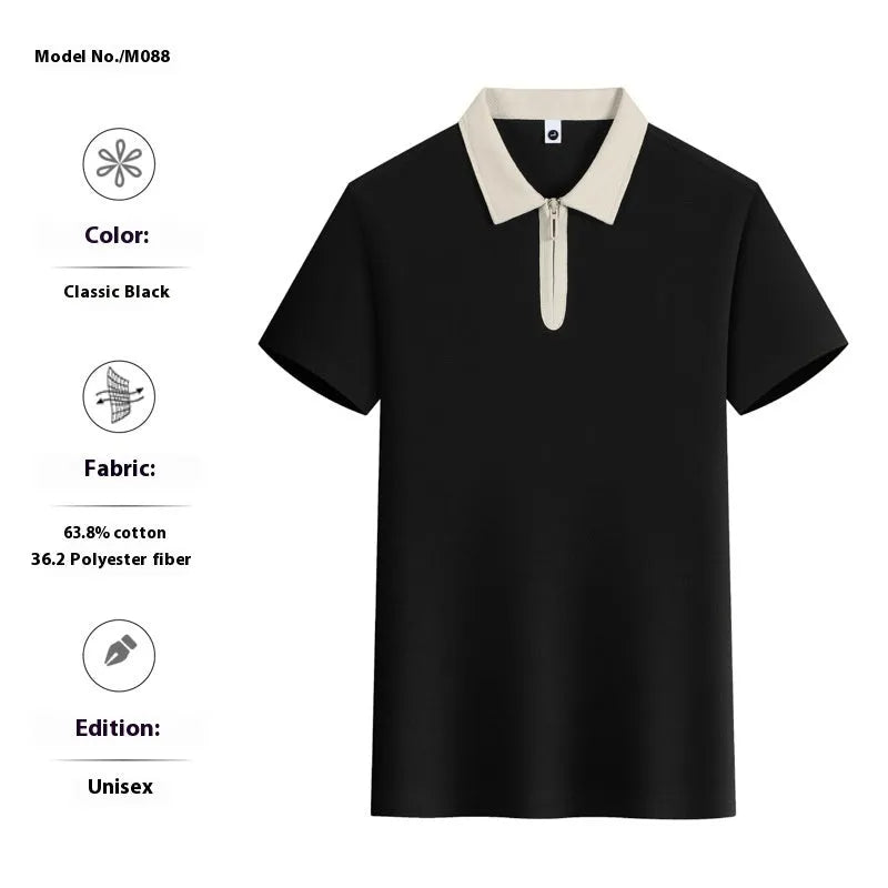 Zipper and lapel polo shirt in solid colour with short sleeves and loose fit