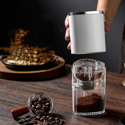 White and black electric coffee grinder with ceramic burr, USB charging port, and adjustable settings dial