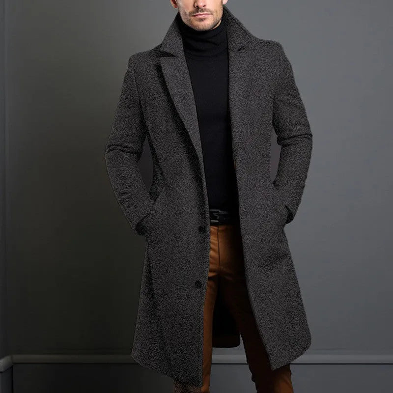 Men's mid-length woolen trench coat, British style, straight hem, embedded-line pockets, dark grey khaki black navy blue