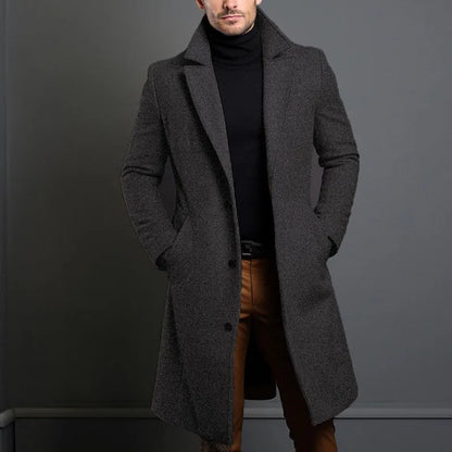 Men's mid-length woolen trench coat, British style, straight hem, embedded-line pockets, dark grey khaki black navy blue