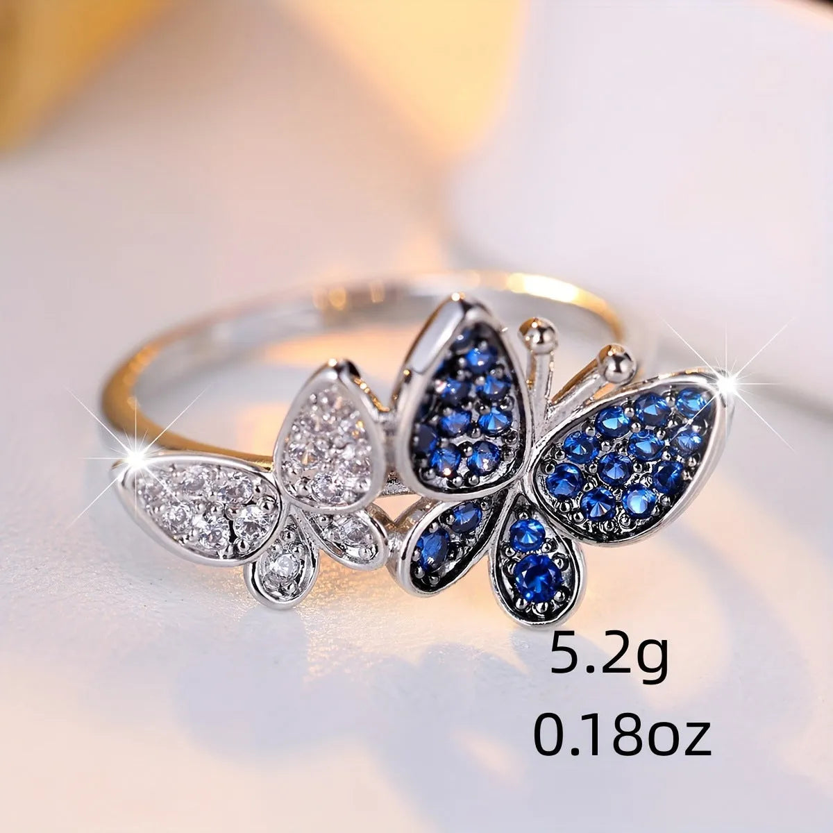 Blue and white butterfly women's ring in electroplated copper available sizes 6-10