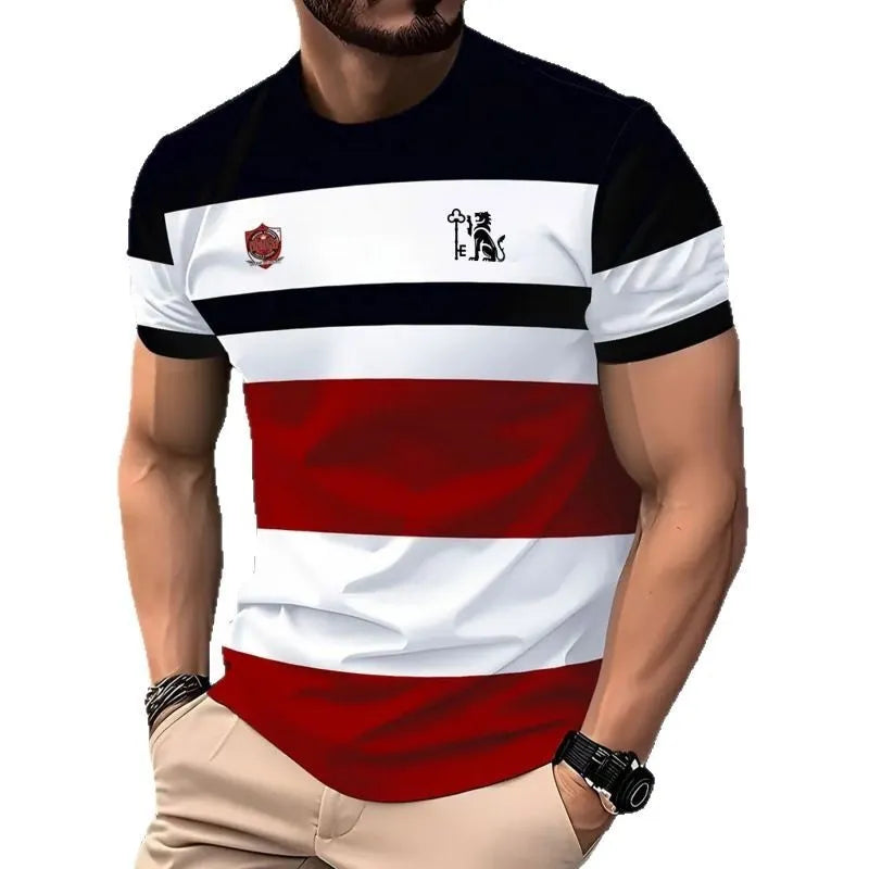 Men's loose fit digital printed T-shirt with striped pattern and short sleeves