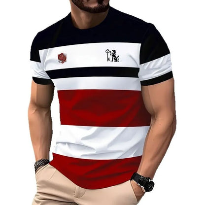 Men's loose fit digital printed T-shirt with striped pattern and short sleeves