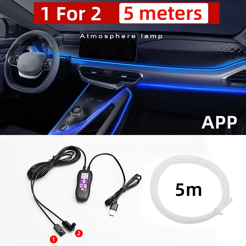 Car USB LED atmosphere lamp showing colour-changing lights installed on centre console and instrument panel