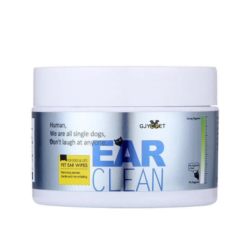 Pet cleaning kit with bottles of foot foam, deodorant spray, ear liquid, and packs of pet wipes for dogs and cats