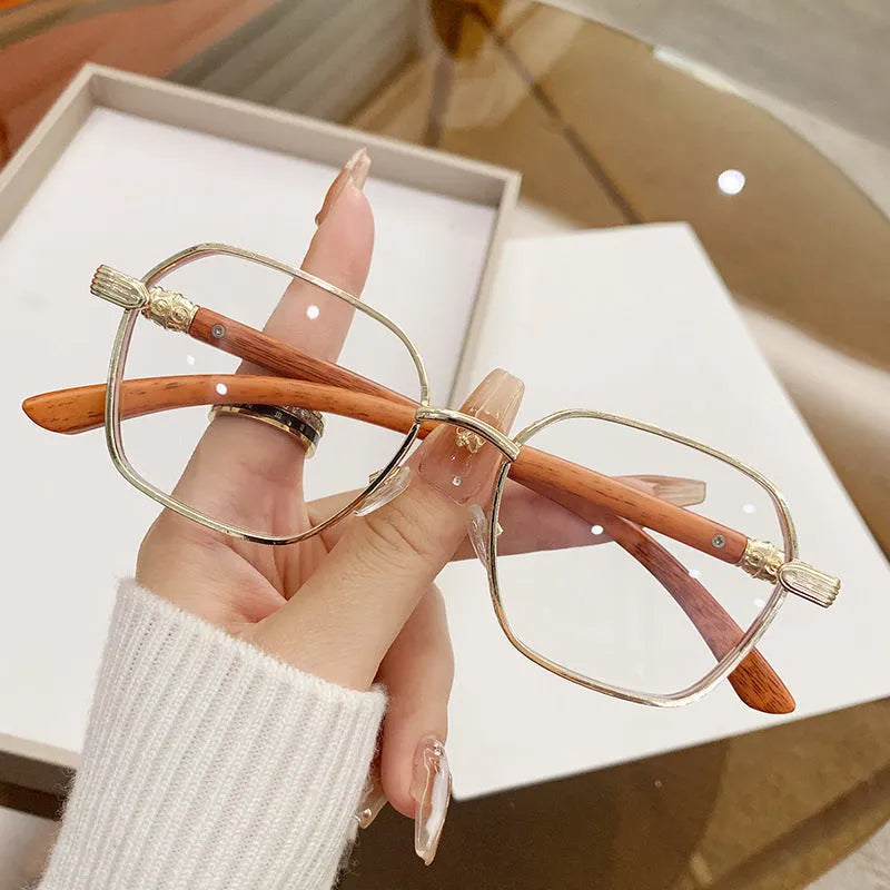 Women's frameless glasses with wood grain pattern and gold alloy frame in double blue colour.