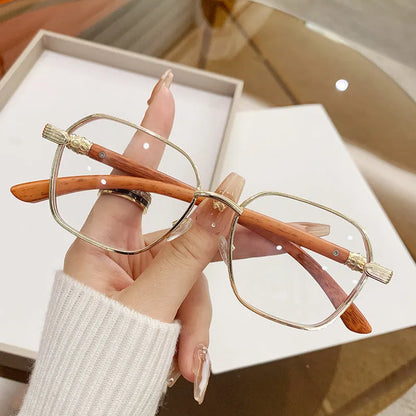 Women's frameless glasses with wood grain pattern and gold alloy frame in double blue colour.
