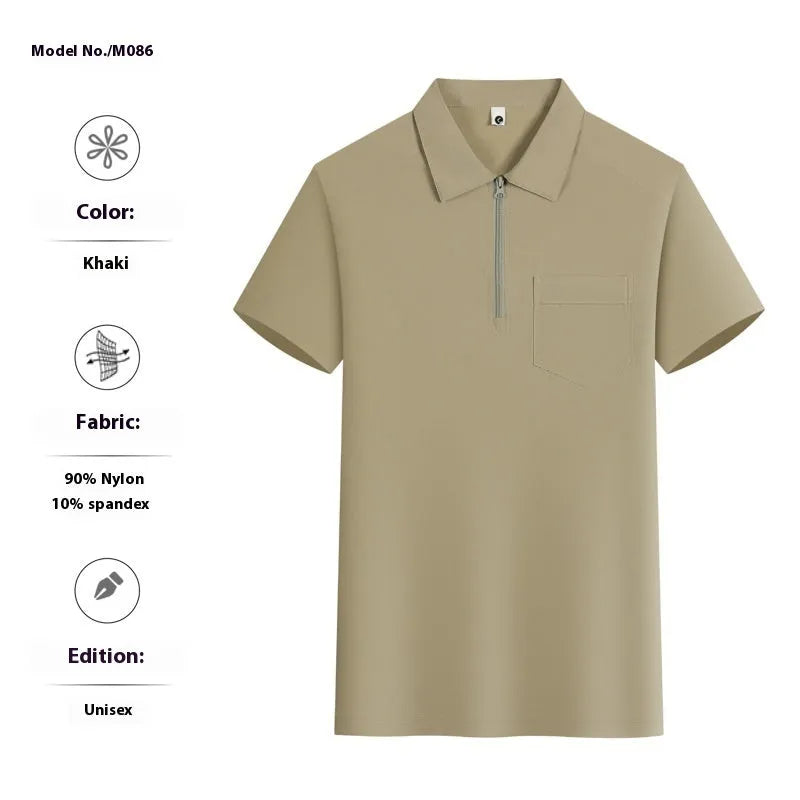 Short sleeve nylon advertising shirt with zipper pockets on lapels in silver fox grey colour