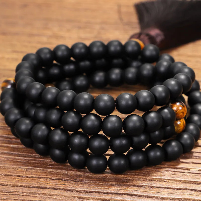 Tiger eye stone yoga necklace and matching bracelet set with tassel pendant