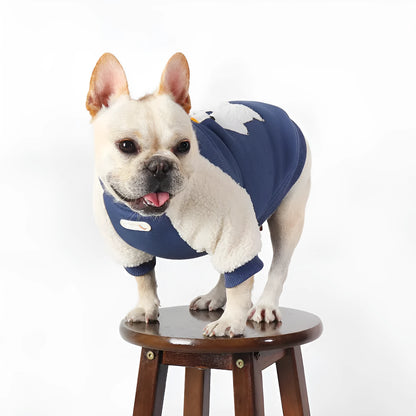Dark blue fleece-lined cotton winter jumper for dogs on a white background
