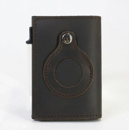 Premium leather wallet with built-in AirTag pocket and RFID blocking technology for secure everyday carry